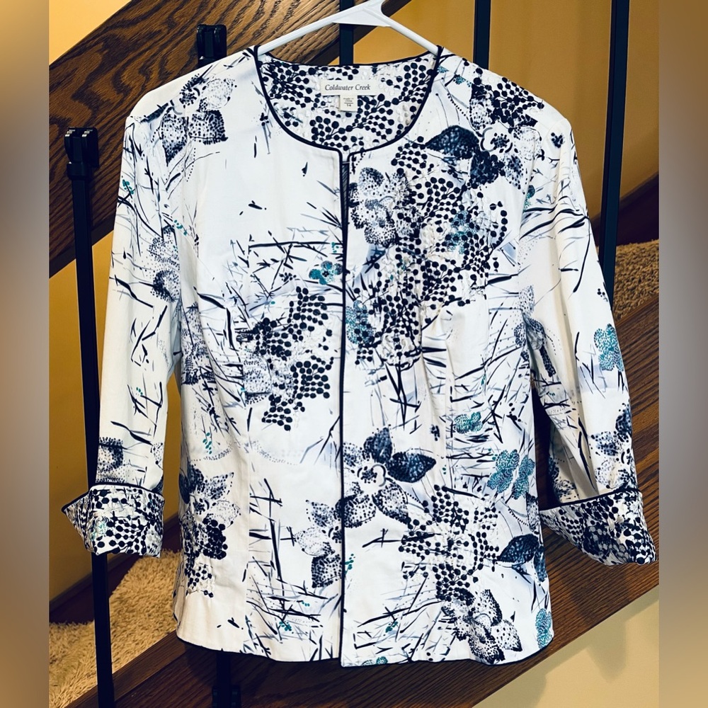 Coldwater Creek Blazer Jacket White Embroidered blue Multi Pattern SZ. 14 Womens